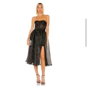 NBD Corset Midi Dress Small (S) Black Strapless Cocktail Lace Trim Gown